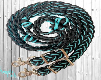 Turquoise Outlined Turquoise and Black 8ft 9 Strand Braided Knotted Paracord Barrel Reins Roping Reins Wither Strap Set Horse Pony Mini