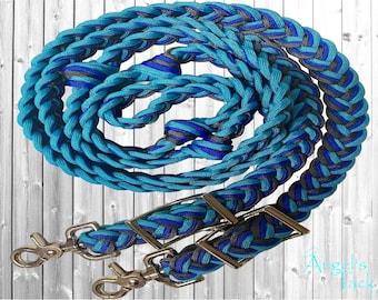 Haywire Blue and Charcoal 8ft 9 Strand Adjustable Braided Knotted Paracord Barrel Reins Roping Reins and Wither Strap Set Horse Pony Mini