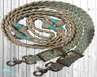 Rawhide Tan and Turquoise 8ft 9 Strand Adjustable Braided Knotted Paracord Barrel Reins Roping Reins Wither Strap Set Horse Pony Mini