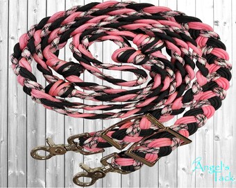Malibu Pink and Black 8ft 9 Strand Adjustable Braided Knotted Paracord Barrel Reins Wither Strap Set Horse Pony Mini