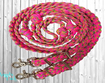 Carnival Hot Pink Neon Multicolor 8ft 9 Strand Adjustable Braided Knotted Paracord Barrel Reins Roping Reins Wither Strap Horse Pony Mini