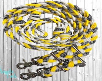 Daisy Yellow White Black 8ft 9 Strand Adjustable Braided Knotted Paracord Barrel Reins Roping Reins Wither Strap Set Horse Pony Mini