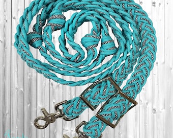 Turquoise Diamond Patterned 8ft 9 Strand Adjustable Braided Knotted Paracord Barrel Reins Roping Reins and Wither Strap Set Horse Pony Mini