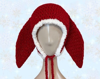 Crochet Glitter Santa Bunny Ear Beanie Trapper Hat