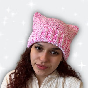 Pink and White Crochet Cat Ear Beanie
