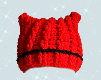 Crochet Red Ribbed Cat Ear Beanie