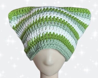 Green Toned Striped Crochet Cat Ear Beanie