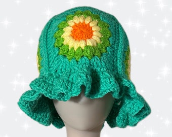 Crochet Handmade Teal Green Sunburst Bucket Hat