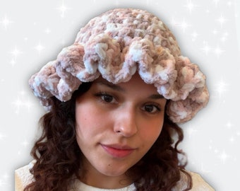 Crochet White Pink Beige Chunky Bucket Hat