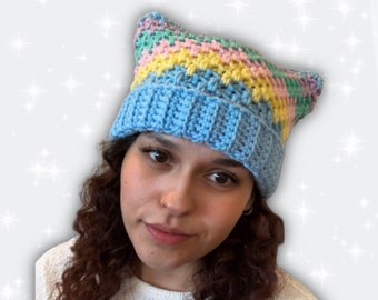 Pastel Rainbow Multicolor Crochet Cat Ear Beanie