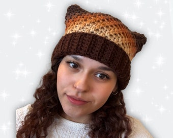 Brown Beige Ombré Multicolor Crochet Cat Ear Beanie