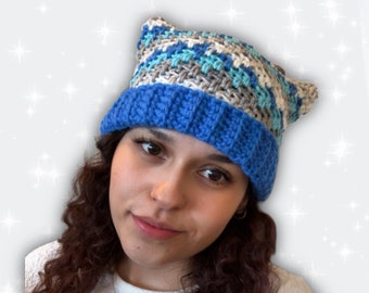 Blue White Grey Multicolor Crochet Cat Ear Beanie