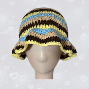 Brown Blue Yellow Striped Crochet Bucket Hat Sun Hat
