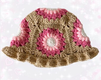 Crochet Pink Tone Beige Sunburst Bucket Hat