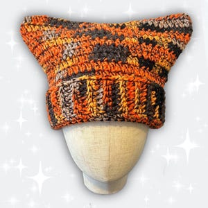 Orange and Black Glitter Crochet Cat Ear Beanie