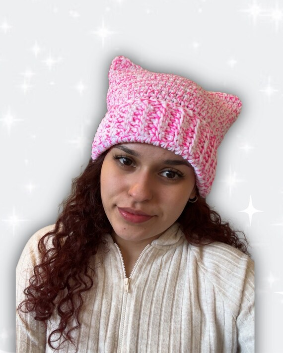 Pink and White Crochet Cat Ear Beanie - Etsy display picture 2