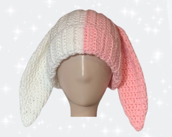 Crochet Pink White Color Split Bunny Ear Beanie