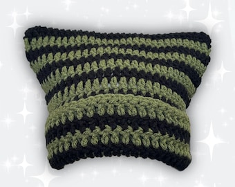 Olive Green and Black Striped Crochet Cat Ear Beanie