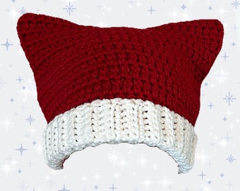 Red White Christmas Santa Crochet Cat Ear Beanie