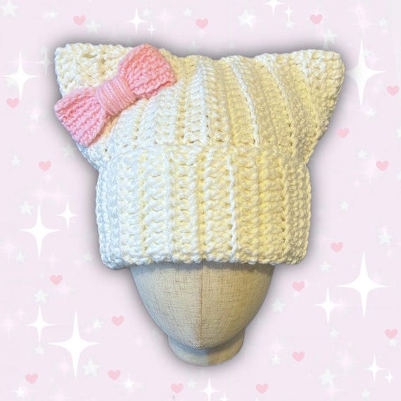 Crochet White and Pink Hat with Bow Handmad pink hat with a white bow Cute cat hat crochet  main image 4