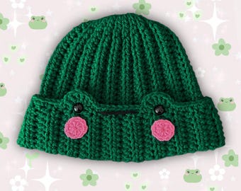 Crochet Dark Green Frog Ribbed Beanie