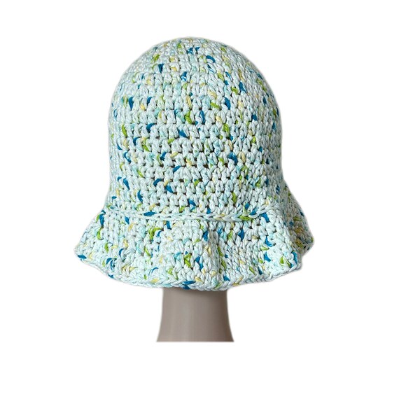 NWT Organic Cotton Cream Crochet Bucket Hat with Green and Blue Stripes Handmade Crochet Bucket Hat Organic Cotton Cream and Green main image 4