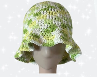 Crochet Lime Green Multicolor Cotton Bucket Hat