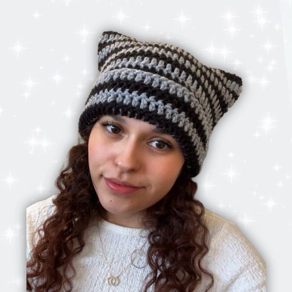 Grey Black Striped Crochet Cat Ear Beanie - Etsy