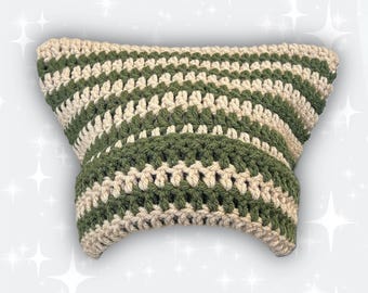 Dark Green Olive and Beige Striped Crochet Cat Ear Beanie