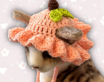 May include: A peach-colored, crocheted hat with a ruffled brim, designed to resemble a flower. The hat features a brown, berry-like embellishment and green leaf accents. Pink ties hang from the hat. The hat is worn by a cat.