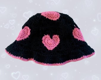 Crochet Pink Black Heart Bucket Hat