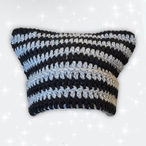 Grey Black Striped Crochet Cat Ear Beanie