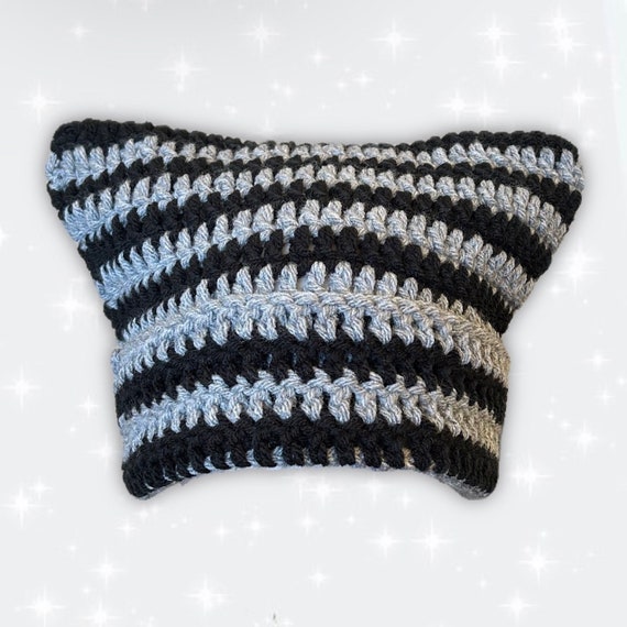 Grey Black Striped Crochet Cat Ear Beanie - Etsy display picture 3