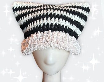 Grey and Black Striped Fur Brim Cat Beanie