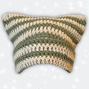 Green Olive Beige Crochet Cat Ear Beanie