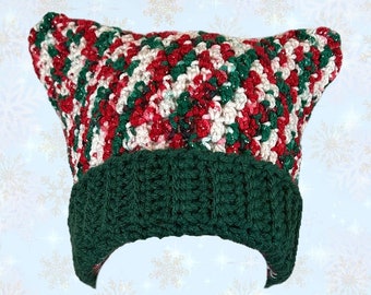 Christmas Holiday Glitter Crochet Cat Ear Beanie