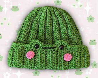 Crochet Green Frog Ribbed Beanie