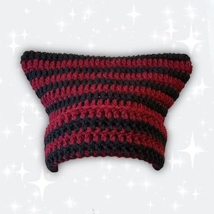 Red Black Striped Crochet Cat Ear Beanie
