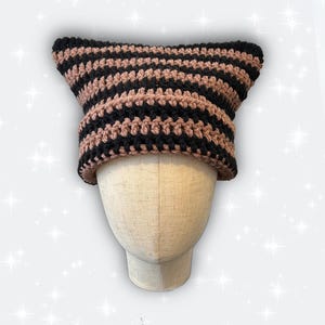 Brown and Black Striped Crochet Cat Ear Beanie