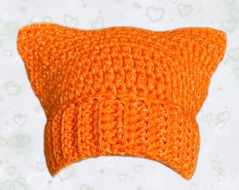 Orange Glitter Crochet Cat Ear Beanie