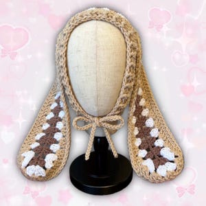 Crochet White Beige Brown Bunny Ear Bonnet Hat