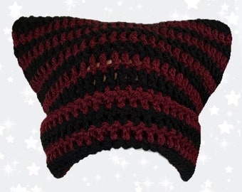Red Black Striped Crochet Cat Ear Beanie