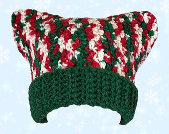 Christmas Holiday Crochet Cat Ear Beanie