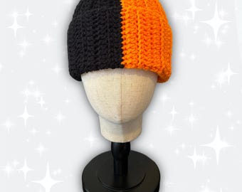 Crochet Orange and Black Split Color Beanie