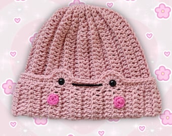 Crochet Pink Frog Ribbed Beanie