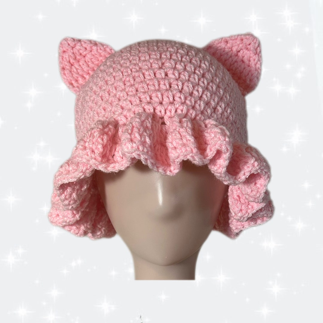 Crochet Pink Cat Ear Bucket Hat Etsy