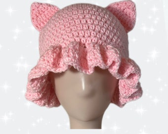 Crochet Pink Cat Ear Bucket Hat