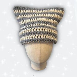 Grey and Beige Striped Crochet Cat Ear Beanie