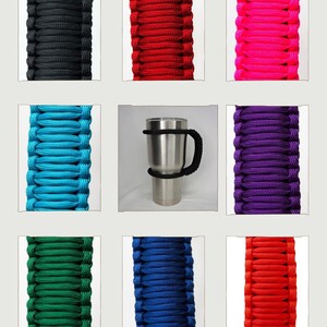 May include: A stainless steel tumbler with a black paracord handle and holder is displayed in the center of the image. Surrounding the tumbler are close-up shots of paracord in various colors: black, red, hot pink, turquoise, purple, green, blue, and orange.