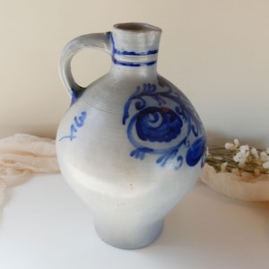 Vintage German Stoneware Jar: Salt Glazed Pottery with Cobalt Blue Floral Design
